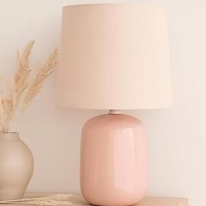 Homesake® Modern Small Ceramic Table Lamp, Classic Bedside Desk lamp for Living Room Bedroom, Farmhouse Nightstand Lamps with Pink Fabric Shade (Dovel Pink)