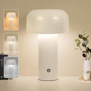 XERGY Plastic Cordless Cute Mushroom Table Lamp, 1200 Mah USB Rechargeable Battery, 3 Lighting Levels, Touch Control, Night LED Light For Bedroom, Office, Or Living Room, White