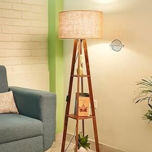 Crosscut Furniture Wooden Floor Lamp with Shelf (Natural Jute). LED Bulb Included