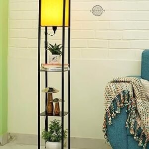 Crosscut Furniture Wood Tower Floor Lamp with Printed Shade (Fresh Yellow), Led