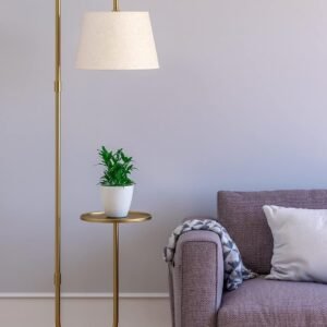 NEUMARK Modern Floor Lamp with End Table, Rubber Wood Bedside Table Lamp with Adjustable Drum Shade, Rustic Tall Pole Shelf Reading Standing Light for Farmhouse Bedroom, Living...